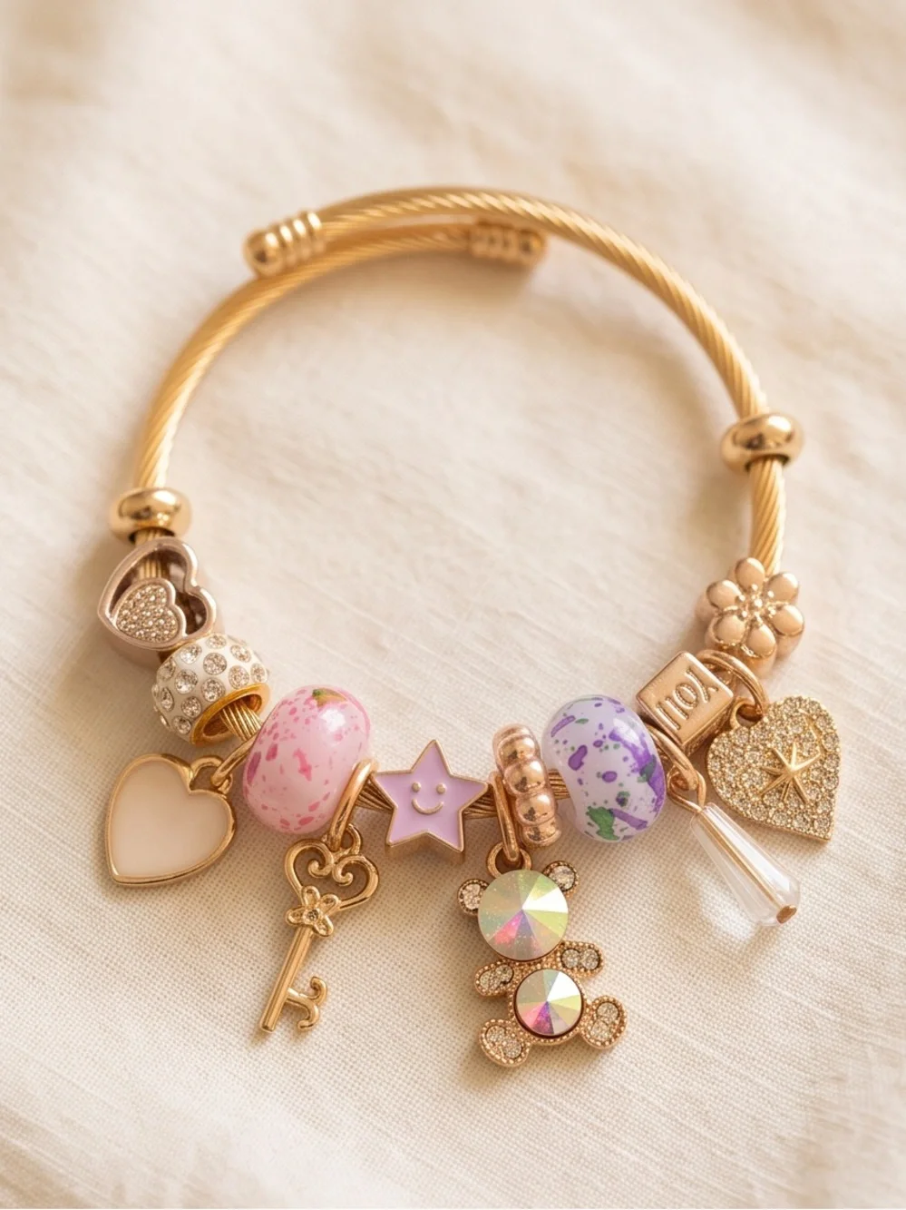 Kids & Tweens Gold Charm Bangle Bracelet - Teddy Bear, Hearts & Sparkle (6–8